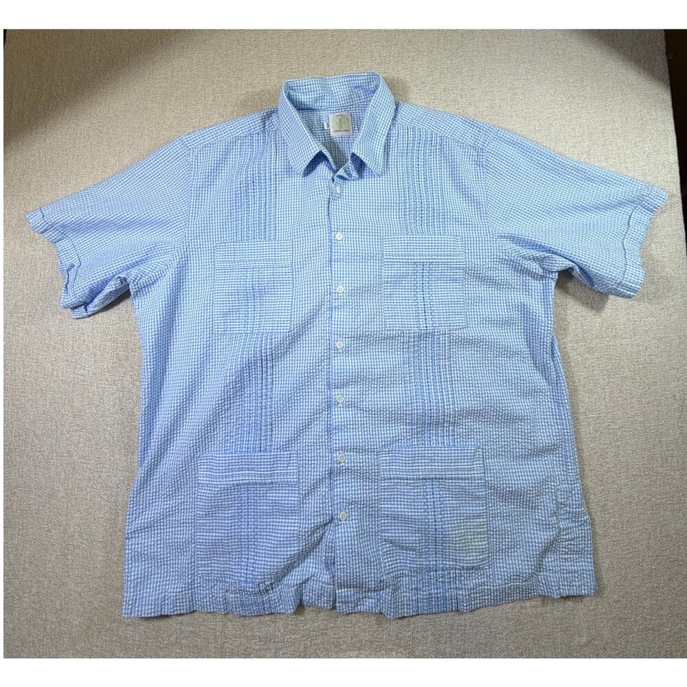Dos Carolinas Men XXL Blue White Gingham Seersucker Guayabera Casual 50S Shirt